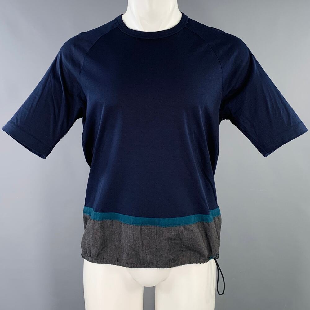 KOLOR Size M Navy Grey Color Block Cotton Crew Neck T-shirt